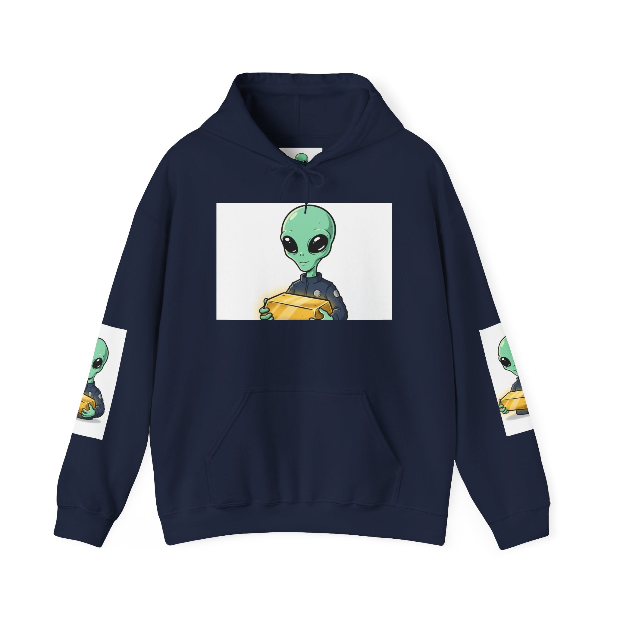 Alien Holding Gold Hoodie — "WE ARE HERE!!" Graphic Sweatshirt