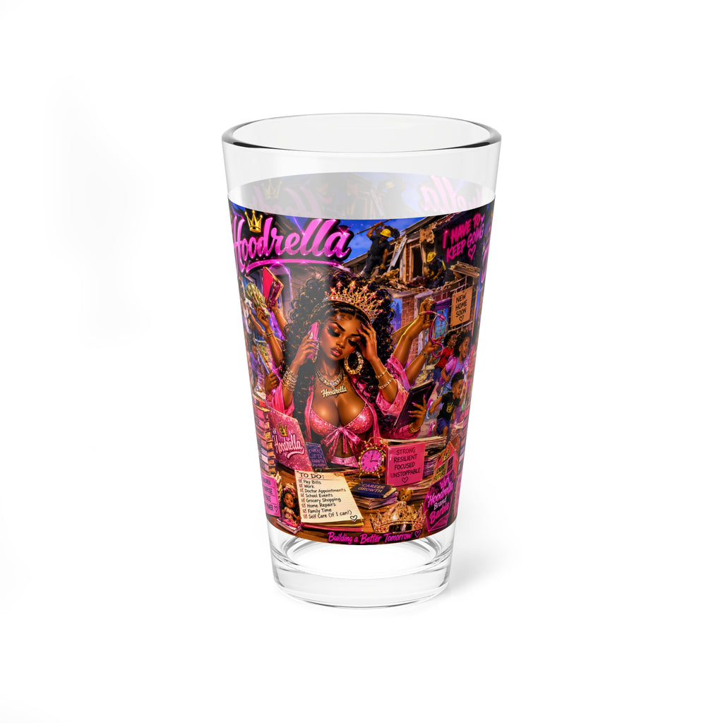 Hoodrella Collage 16oz Mixing Glass — Vibrant Urban Cocktail & Bar Pint