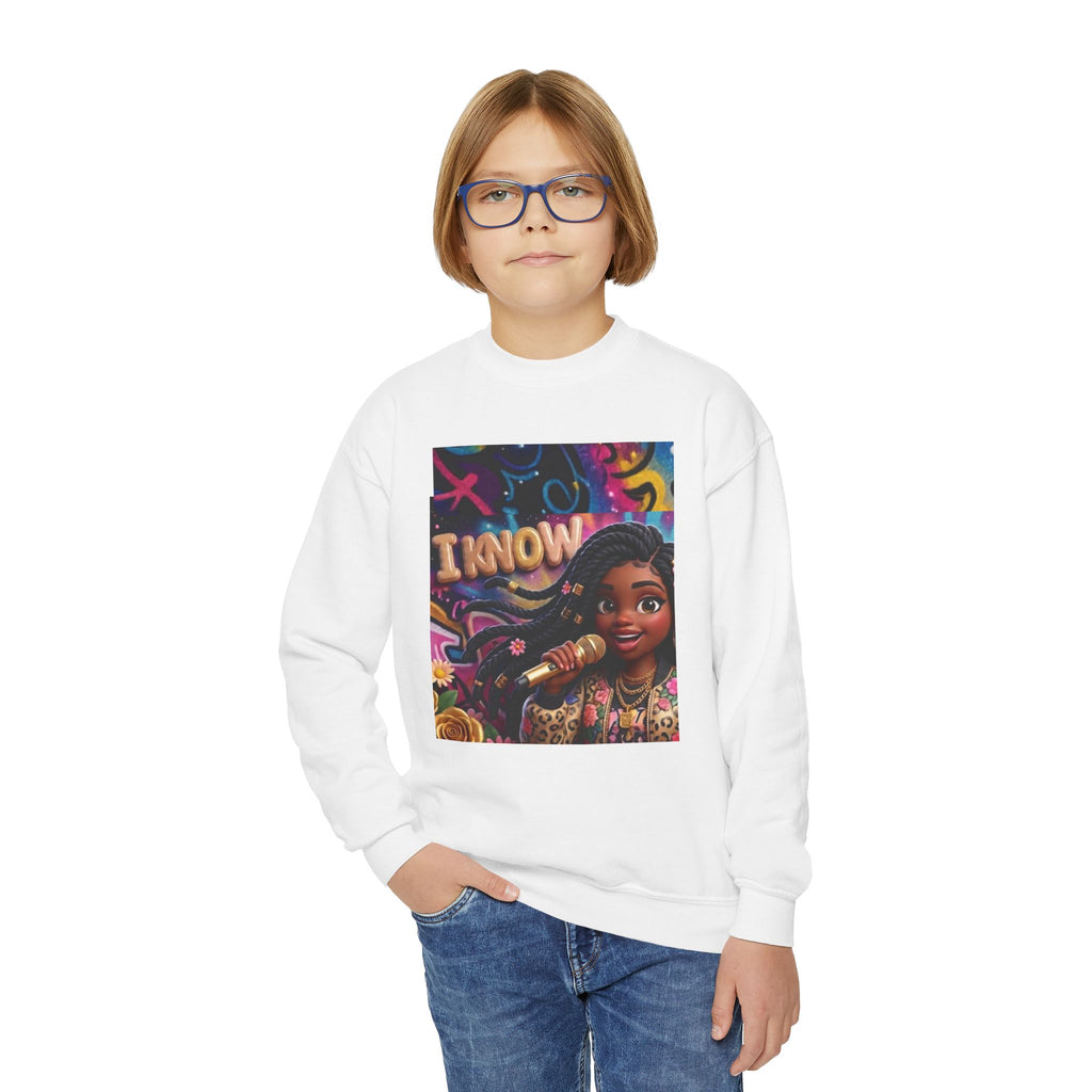 Youth Crewneck Sweatshirt – Colorful “I Know” Singer Character Design