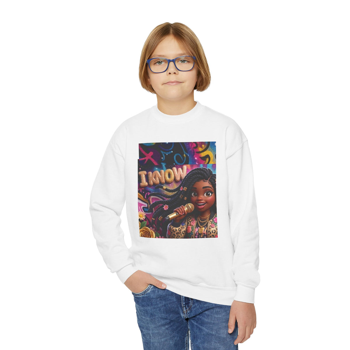 Youth Crewneck Sweatshirt – Colorful “I Know” Singer Character Design