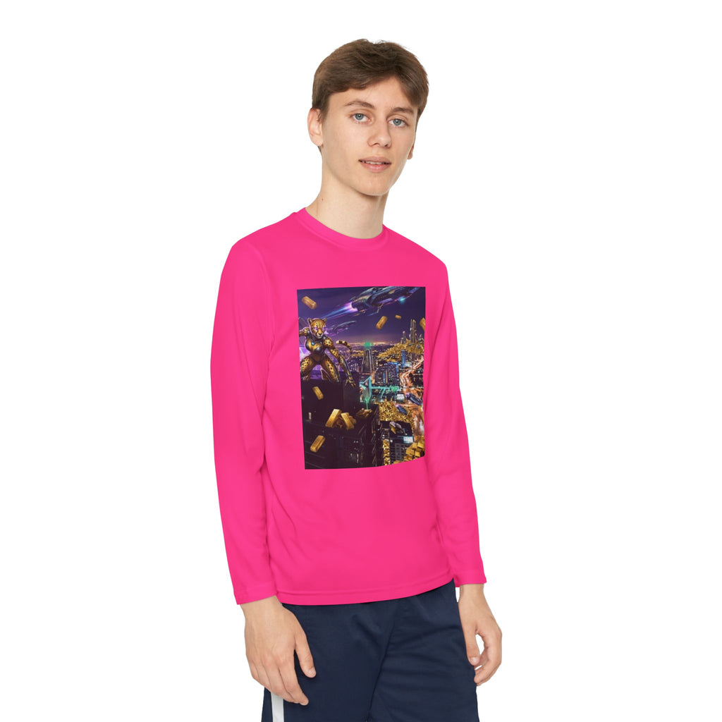 Youth Long Sleeve Tee – Colorful Night Cityscape Graphic Shirt
