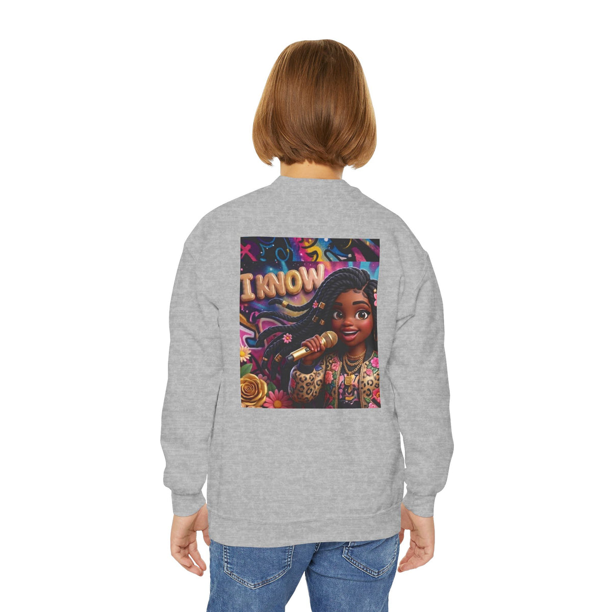 Youth Crewneck Sweatshirt – Colorful “I Know” Singer Character Design