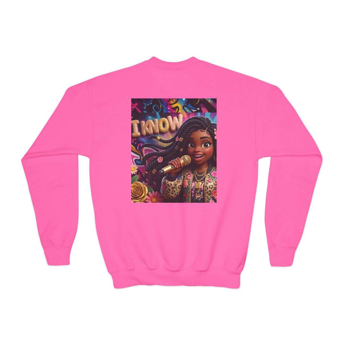 Youth Crewneck Sweatshirt – Colorful “I Know” Singer Character Design