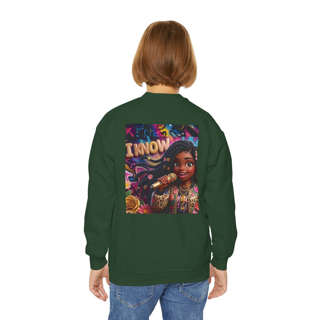 Youth Crewneck Sweatshirt – Colorful “I Know” Singer Character Design