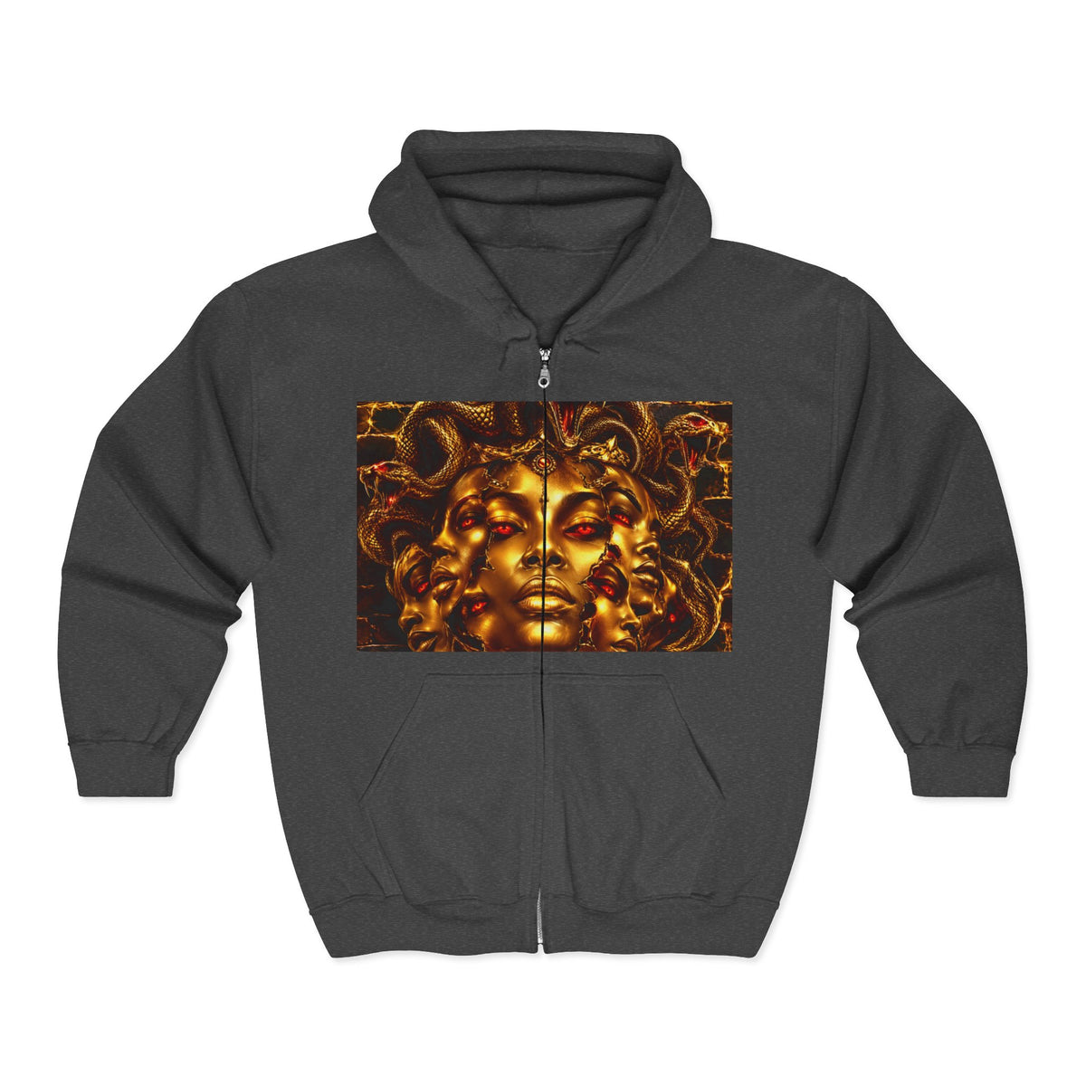 Medusa Gold Face Zip Hoodie — Mythic Snake Hair Art Zip-Up Sweatshirt